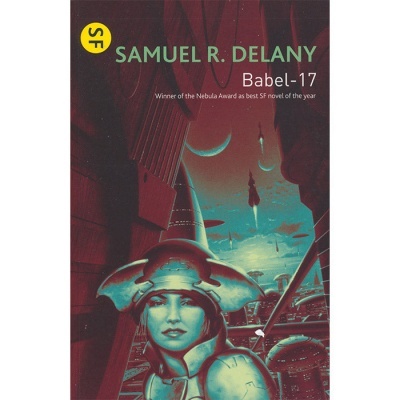 Capa do livro Babel-17 de Samuel R. Delany com ilustração futurista em verde e vermelho
