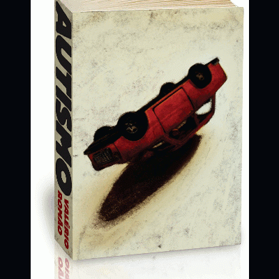 Livro com capa branca manchada e ilustração de carro vermelho virado, texto AUTISMO e BULLTERIO BONATO