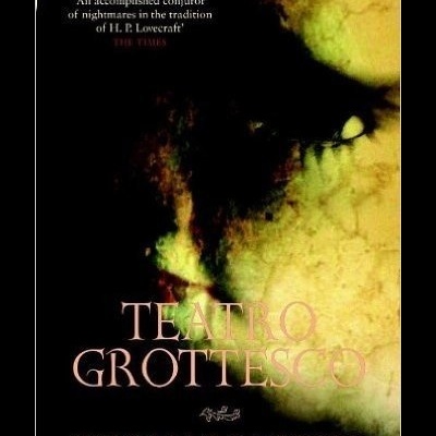 Capa do livro Teatro Grottesco de Thomas Ligotti com rosto obscuro e texto em fundo amarelo-esverdeado