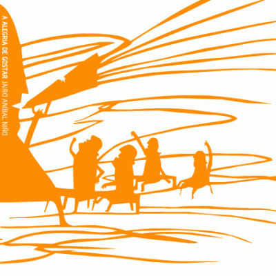 Capa de livro laranja e branca com silhuetas de crianças a brincar e texto vertical