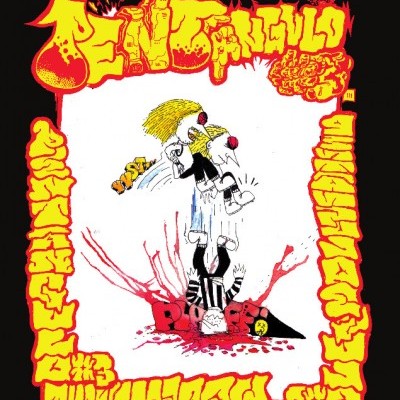 Arte gráfica colorida com personagens desenhados em estilo cartoon e textos em amarelo e vermelho sobre fundo preto.