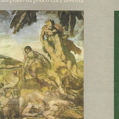 Capa de livro cinza com pintura renascentista e texto de Jacques Derrida