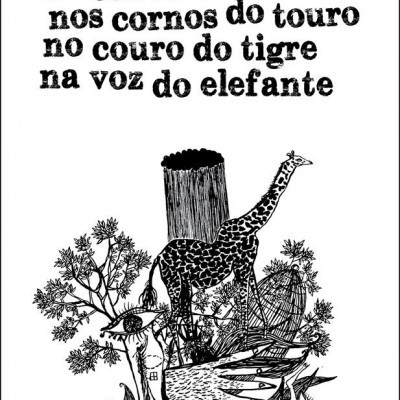 Ilustração a preto e branco com texto em português e figuras surrealistas de animais e formas abstratas
