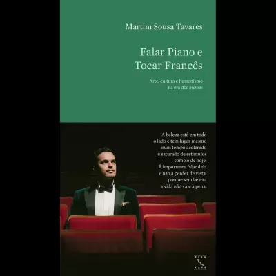 Capa de livro com título branco sobre fundo verde e foto de homem em smoking em cadeiras vermelhas