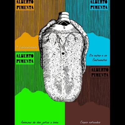 Capa de álbum ilustrada com garrafa e blocos de cores com textos em português