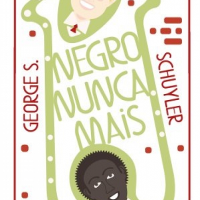 Design gráfico com texto 'NEGRO NUNCA MAIS' e rostos estilizados em fundo branco com detalhes vermelhos e verdes