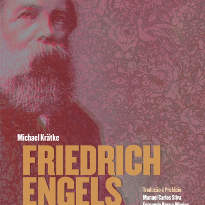 Capa de livro Friedrich Engels com texto e imagem do autor em fundo decorativo vermelho