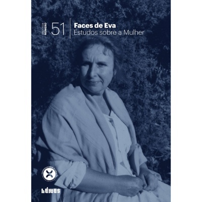 Capa de livro Faces de Eva com fotografia de mulher e texto na cor branca
