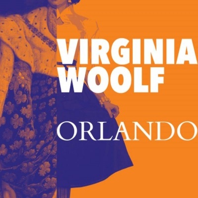 Capa de livro laranja com texto branco VIRGINIA WOOLF ORLANDO e figura histórica vestida com roupa antiga