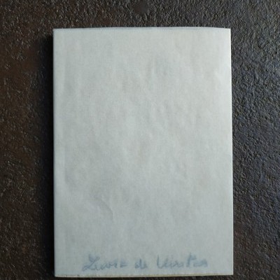 Livro branco com inscrição manuscrita azul na capa, sobre superfície escura