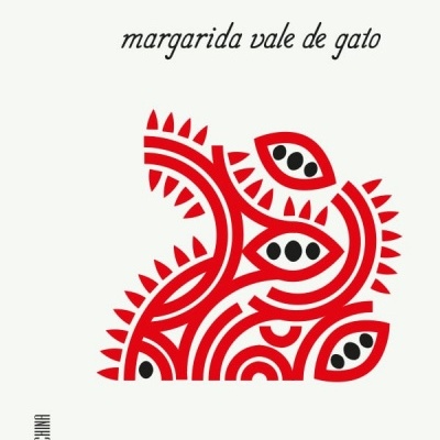 Design abstrato vermelho e preto com texto em português num fundo branco