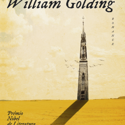 Capa do livro O PINÁCULO de William Golding com torre alta e campo amarelo.
