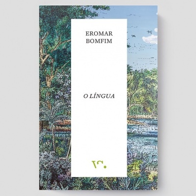 Capa de livro 'O LÍNGUA' de Eromar Bomfim com ilustração de paisagem natural