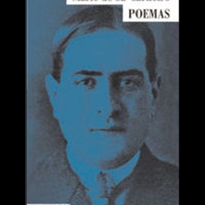 Capa de livro azulado com retrato de homem e texto Mário de Sá-Carneiro POEMAS