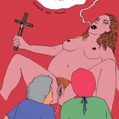 Ilustração digital de mulher nua com dois personagens e texto sobre castidade