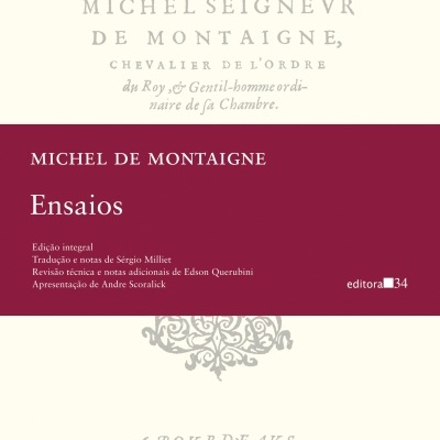 Capa do livro 'Ensaios' de Michel de Montaigne, branca e vermelha com texto e decoração