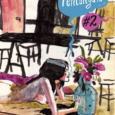 Ilustração de pessoa deitada com vaso de flores e texto 'Pentángulo #2'