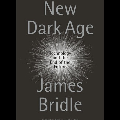 Capa de livro 'New Dark Age' com design abstrato e texto em cinza claro sobre fundo preto