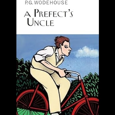 Capa de livro com título A PREFECT'S UNCLE e ilustração de pessoa em bicicleta vermelha