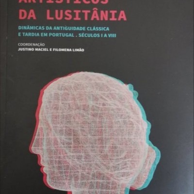 Capa de livro 'Horizontes Artísticos da Lusitânia' com perfil de cabeça estilizado em linhas brancas