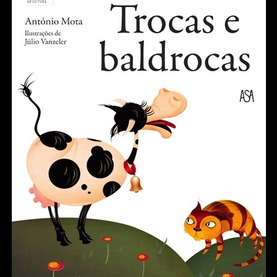 Capa do livro 'Trocas e baldrocas' com ilustração de vaca e gato num campo