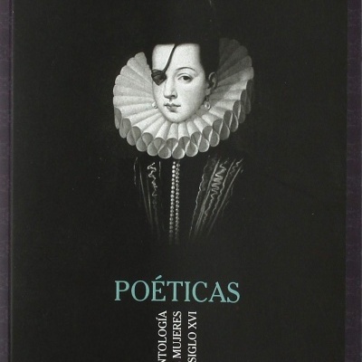 Capa de livro preto com imagem monocromática de mulher com gola rendada e tapa-olho, título POÉTICAS em azul.