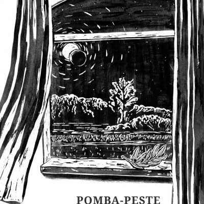 Ilustração a preto e branco de uma janela com vista para árvore à noite e texto POMBA-PESTE João Silveira