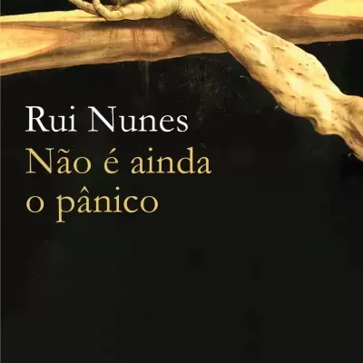 Capa de livro Não é ainda o pânico de Rui Nunes com braço esquelético sobre madeira