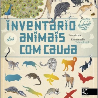 Capa do livro 'Inventário dos Animais com Cauda' com ilustrações de vários animais e texto em azul
