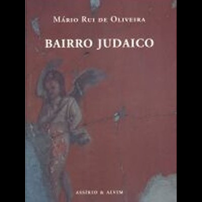 Capa de livro 'Bairro Judaico' com título e autor em letras brancas sobre fundo castanho avermelhado e imagem desfocada de figura humana