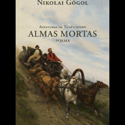 Capa do livro 'Almas Mortas' de Nikolai Gógol com ilustração de carroça e cavalos