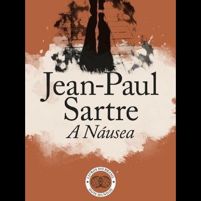Capa de livro Jean-Paul Sartre A Náusea com fundo castanho e sombra humana