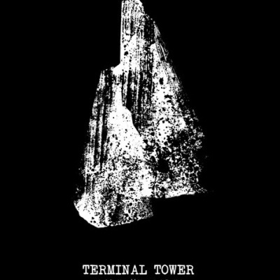 Imagem estilizada em preto e branco de uma torre com texto Terminal Tower.