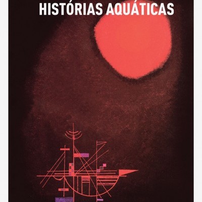 Capa do livro 'Histórias Aquáticas' com círculo vermelho e desenho geométrico de barco em fundo escuro