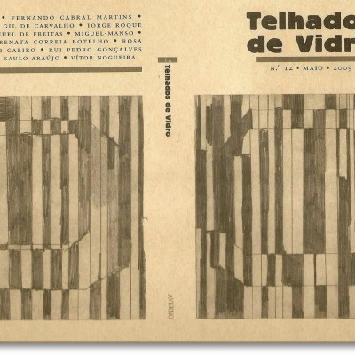Capa de revista 'Telhados de Vidro' com desenho geométrico abstrato em bege e castanho