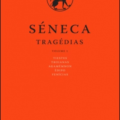 Capa de livro laranja com título 'SÉNECA TRAGÉDIAS VOLUME 1' e símbolo de esfinge preta