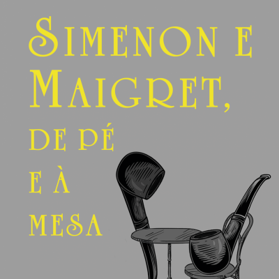 Capa de livro cinzenta com texto amarelo e ilustração preta de mesa, cadeiras e cachimbos