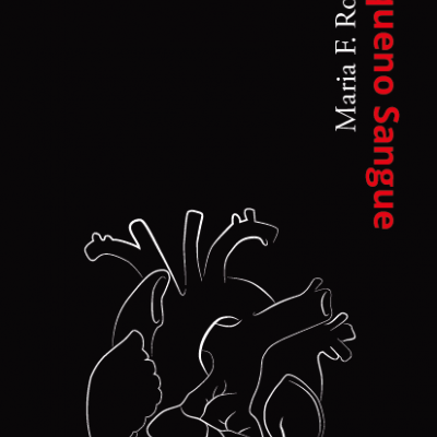 Capa de livro preta com coração humano branco e texto Pequeño Sangue.