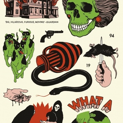 Capa de livro com várias ilustrações em estilo gráfico mostrando uma casa em chamas, uma caveira verde com cabelo elegante, cães verdes, uma pistola, uma mangueira, um rato, uma cobra, mãos, uma figura sombria e um rosto verde agressivo com texto WHAT A C