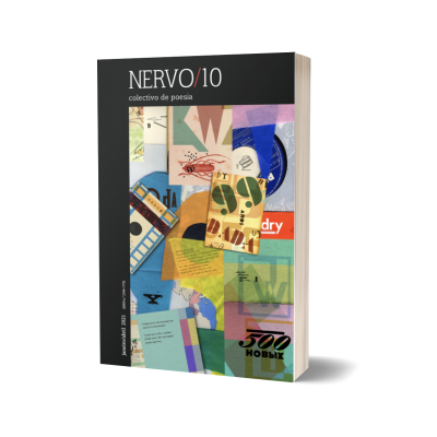 Livro Nervo/10 coletivo de poesia com capa preta e colagem colorida de recortes de papel