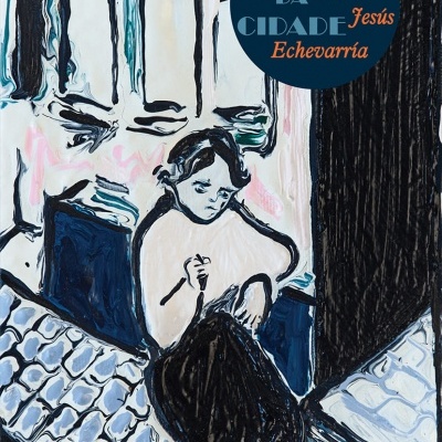 Capa de livro com ilustração de pessoa sentada num muro em estilo pintura e texto do título e autora