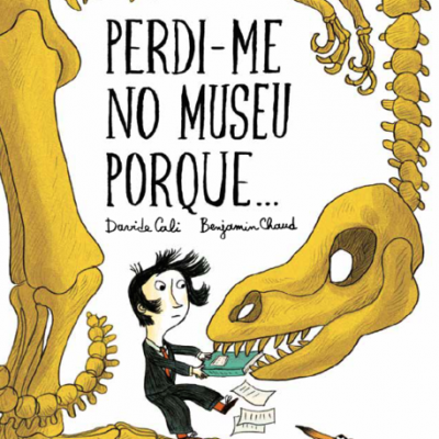 Capa de livro com esqueleto de dinossauro e figura humana desenhada