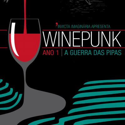 Copo de vinho a ser servido em design estilizado com texto promocional Winepunk