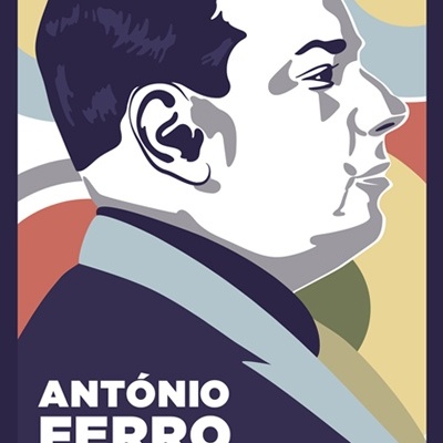 Capa de livro com retrato de perfil em estilos azuis e texto em letras maiúsculas.