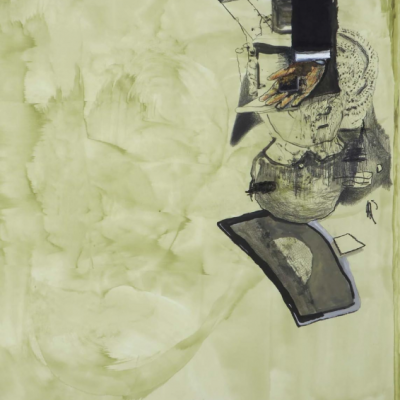 Ilustração artística em tons sépia e preto com figura humana e formas geométricas