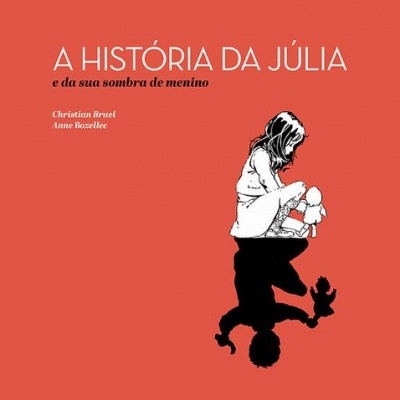 Capa de livro vermelha com ilustração de rapariga e sua sombra de menino