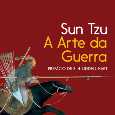 Capa de livro vermelho com guerreiro a cavalo e título Sun Tzu A Arte da Guerra