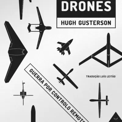 Capa de livro com drones e texto em preto sobre fundo branco.