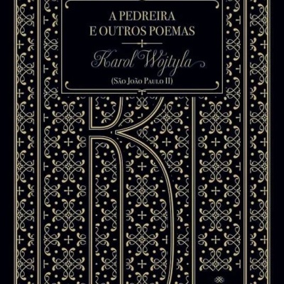 Capa de livro preta com padrões decorativos dourados e título em dourado