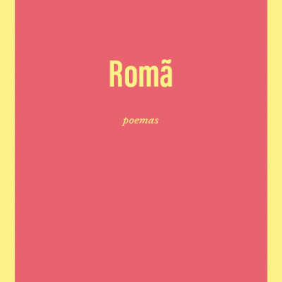 Capa de livro 'Romã' de Júlia de Carvalho Hansen com texto amarelo em fundo cor de salmão e bordas amarelas